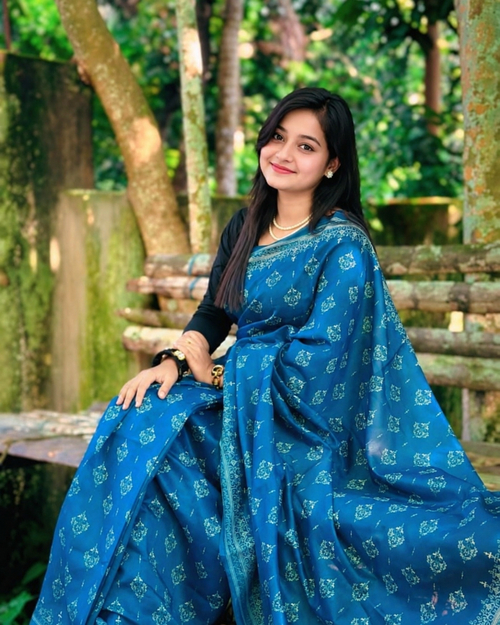 টিল ব্লু - চান্দেরি সিল্ক শাড়ি