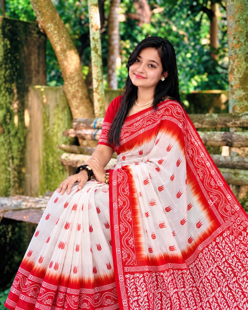 পদ্ম প্রিন্ট - চান্দেরি সিল্ক শাড়ি