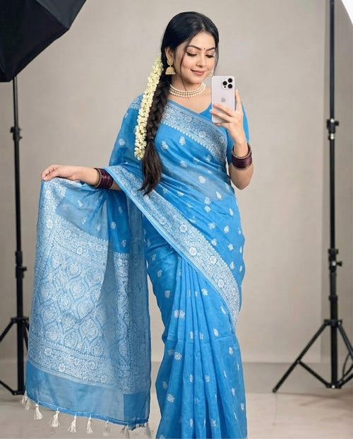 আকাশি ফ্লোরাল চুনা ছাপা শাড়ি—হাফ সিল্ক (ব্লাউজ পিস থাকবে না)