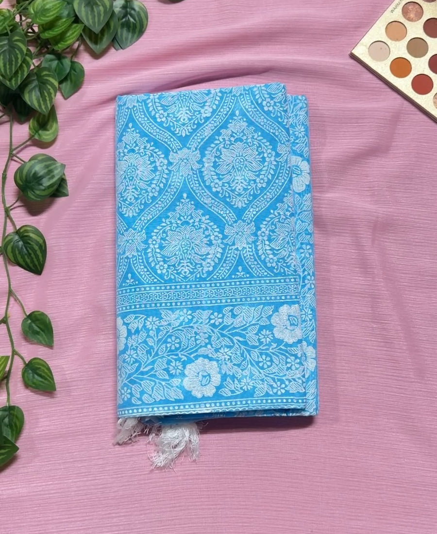 আকাশি ফ্লোরাল চুনা ছাপা শাড়ি—হাফ সিল্ক (ব্লাউজ পিস থাকবে না)