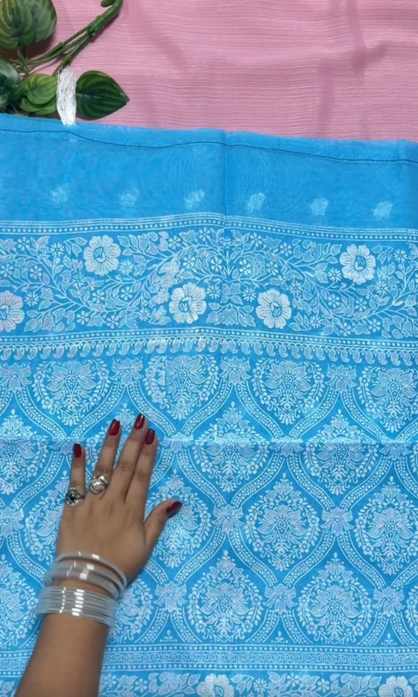 আকাশি ফ্লোরাল চুনা ছাপা শাড়ি—হাফ সিল্ক (ব্লাউজ পিস থাকবে না)