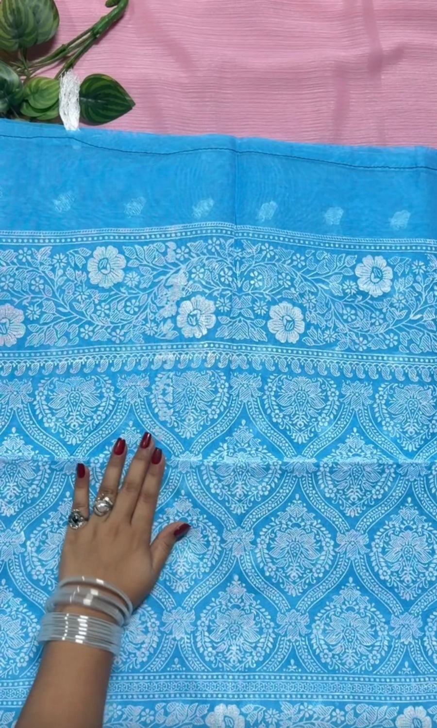 আকাশি ফ্লোরাল চুনা ছাপা শাড়ি—হাফ সিল্ক (ব্লাউজ পিস থাকবে না)
