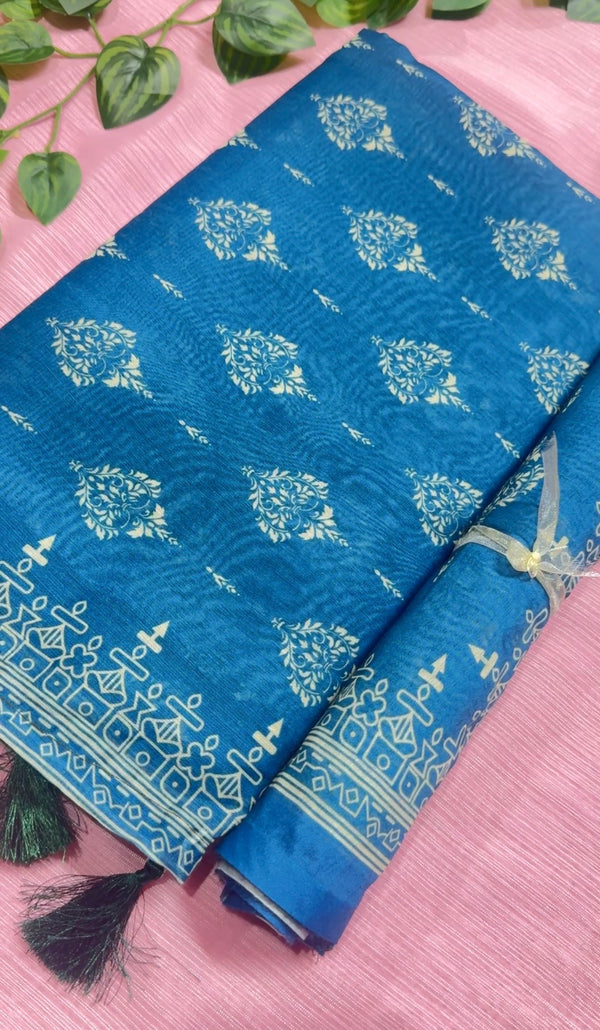 টিল ব্লু - চান্দেরি সিল্ক শাড়ি