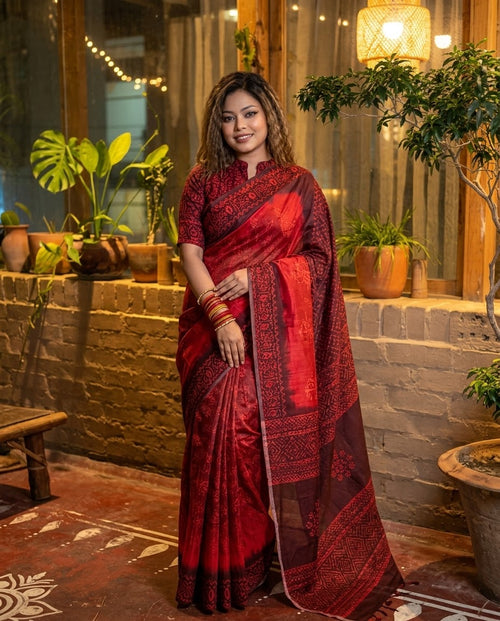 লাল কালার - চান্দেরি সিল্ক শাড়ি