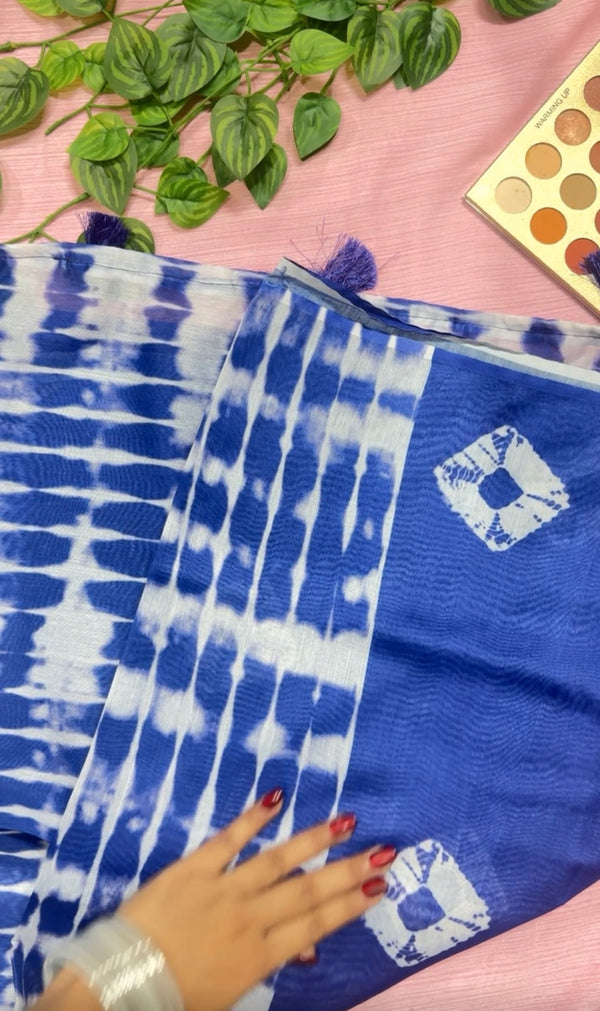 নীল কালার টাই ডাই- চান্দেরি সিল্ক শাড়ি