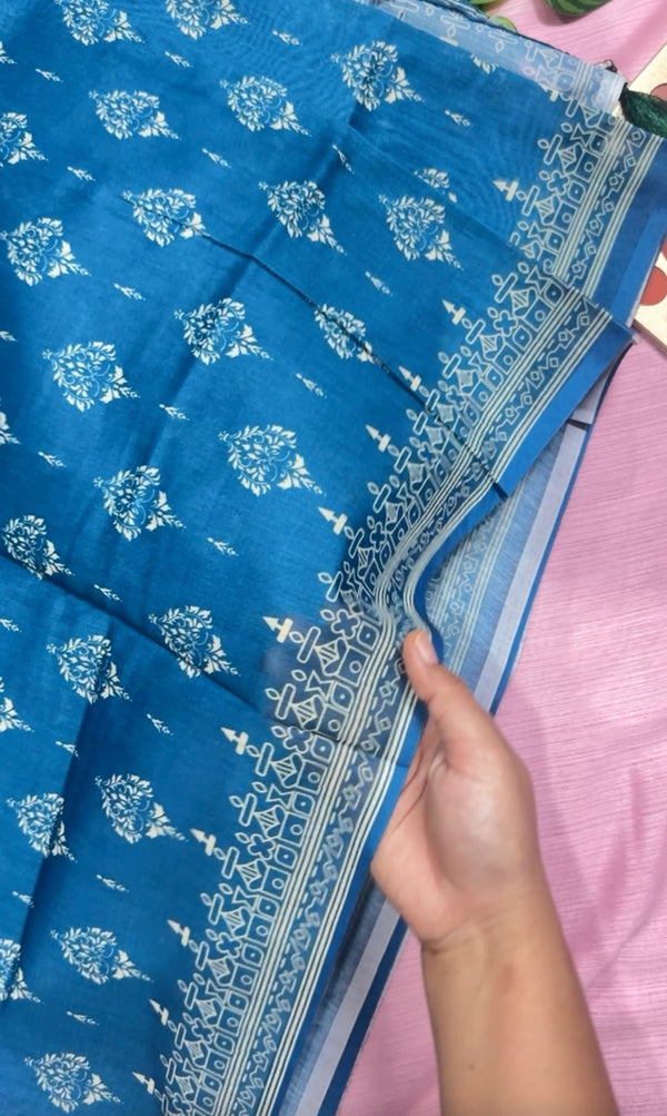 টিল ব্লু - চান্দেরি সিল্ক শাড়ি