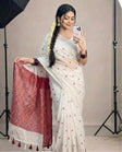 সাদা-লাল চুনা প্রিন্ট শাড়ি—হাফ সিল্ক (ব্লাউজ পিস থাকবে না)