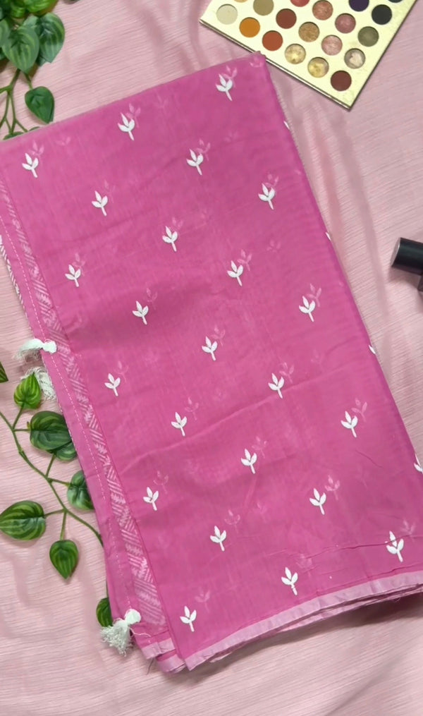 বেবি পিংক কালার চুনা প্রিন্ট শাড়ি—হাফ সিল্ক (ব্লাউজ পিস থাকবে না)