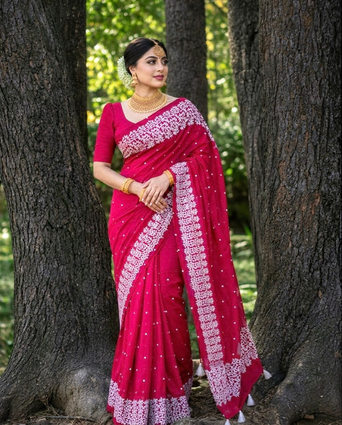 রানি গোলাপি কালার-চুনা প্রিন্ট হাফ সিল্ক শাড়ি  (ব্লাউজ পিস থাকবে না)