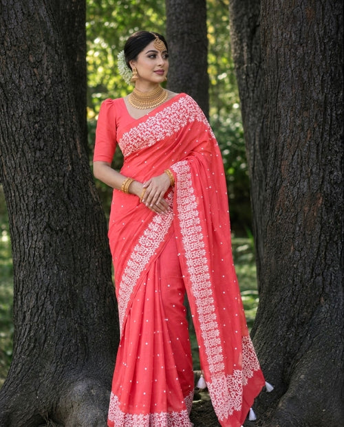 মিষ্টি কালার-চুনা প্রিন্ট হাফ সিল্ক শাড়ি  (ব্লাউজ পিস থাকবে না)