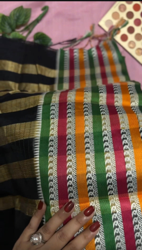 কাঁথা স্টিচ হাফ সিল্ক শাড়ি - কালো