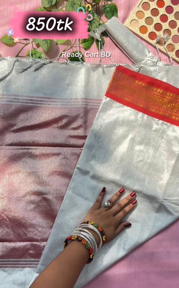 লামা সিল্ক শাড়ি — সাদা শাড়ি লাল পাড়