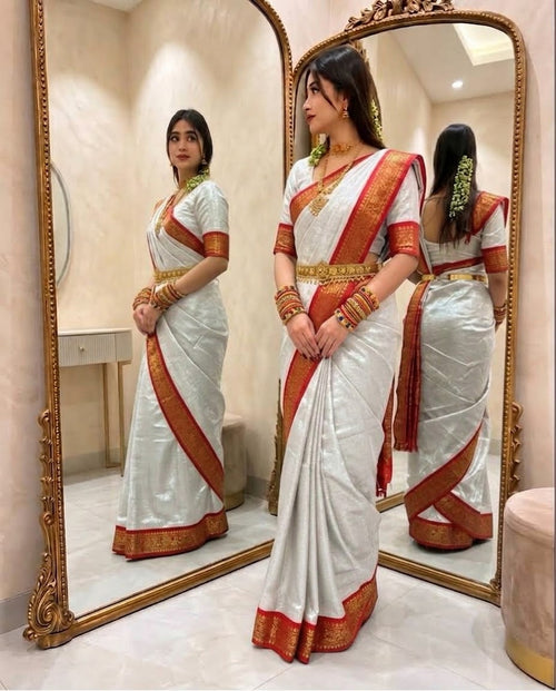 লামা সিল্ক শাড়ি — সাদা শাড়ি লাল পাড়