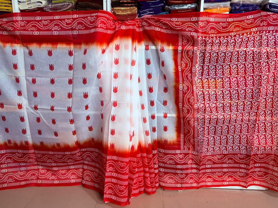 পদ্ম প্রিন্ট - চান্দেরি সিল্ক শাড়ি