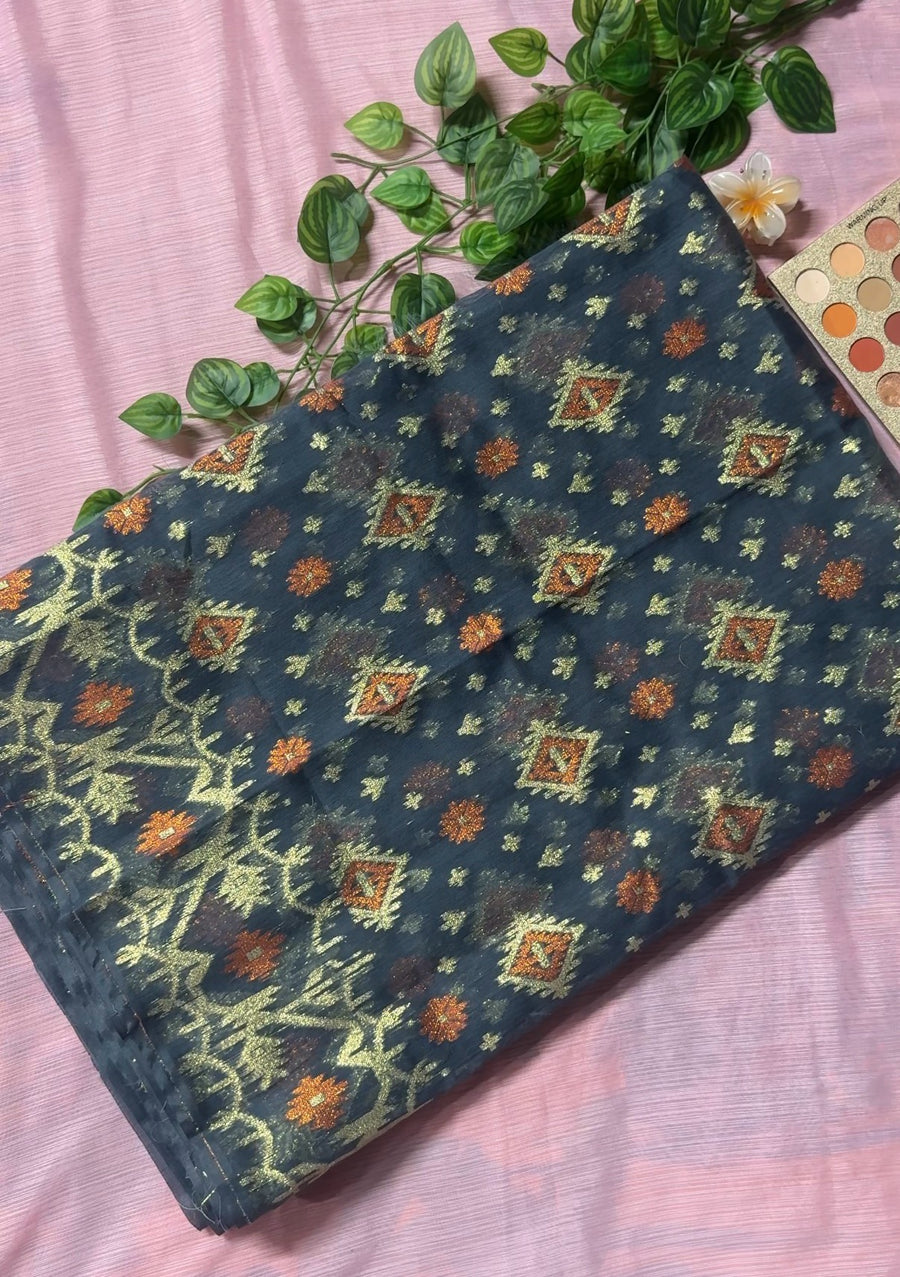 Charcoal Grey & Copper Zari Jamdani – চারকোল গ্রে জামদানি শাড়ি