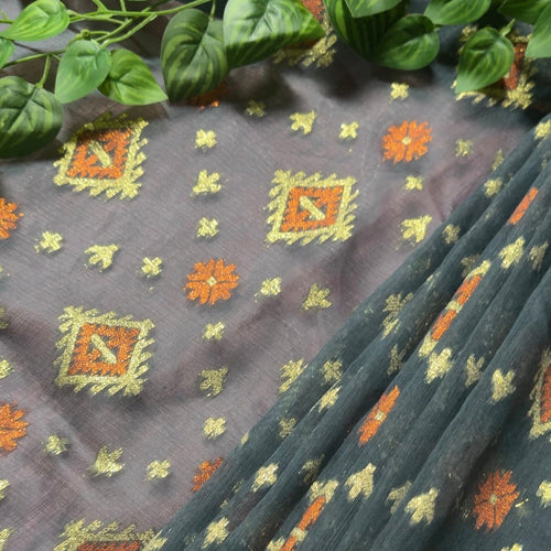 টাঙ্গাইল হ্যান্ডস্পন জামদানি শাড়ি – Charcoal Grey & Copper Zari Jamdani