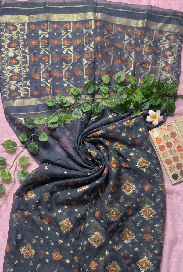 Charcoal Grey & Copper Zari Jamdani – চারকোল গ্রে জামদানি শাড়ি