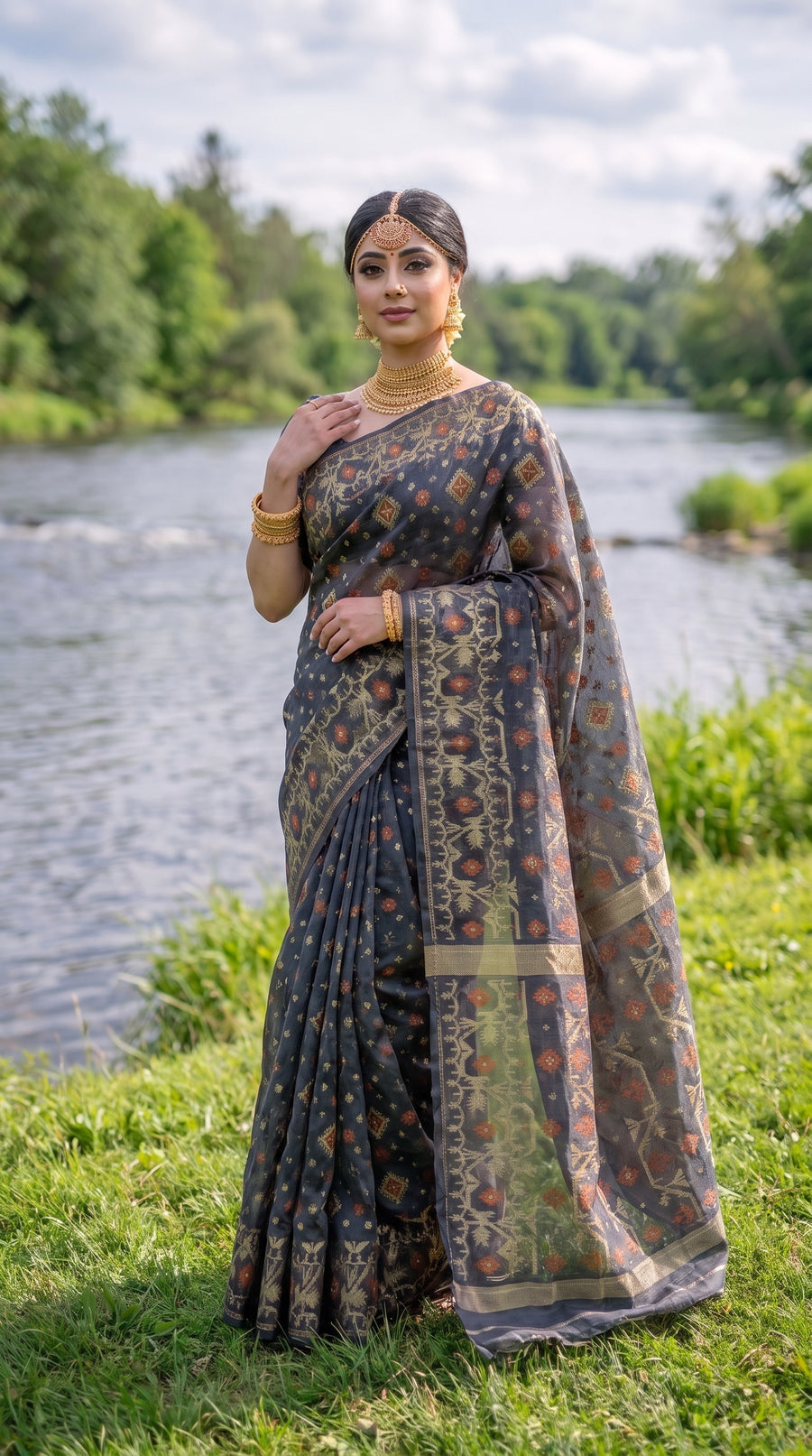 Charcoal Grey & Copper Zari Jamdani – চারকোল গ্রে জামদানি শাড়ি