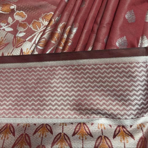 কাতান শাড়ি — খয়েরি ও সিলভার জরি পাড়
