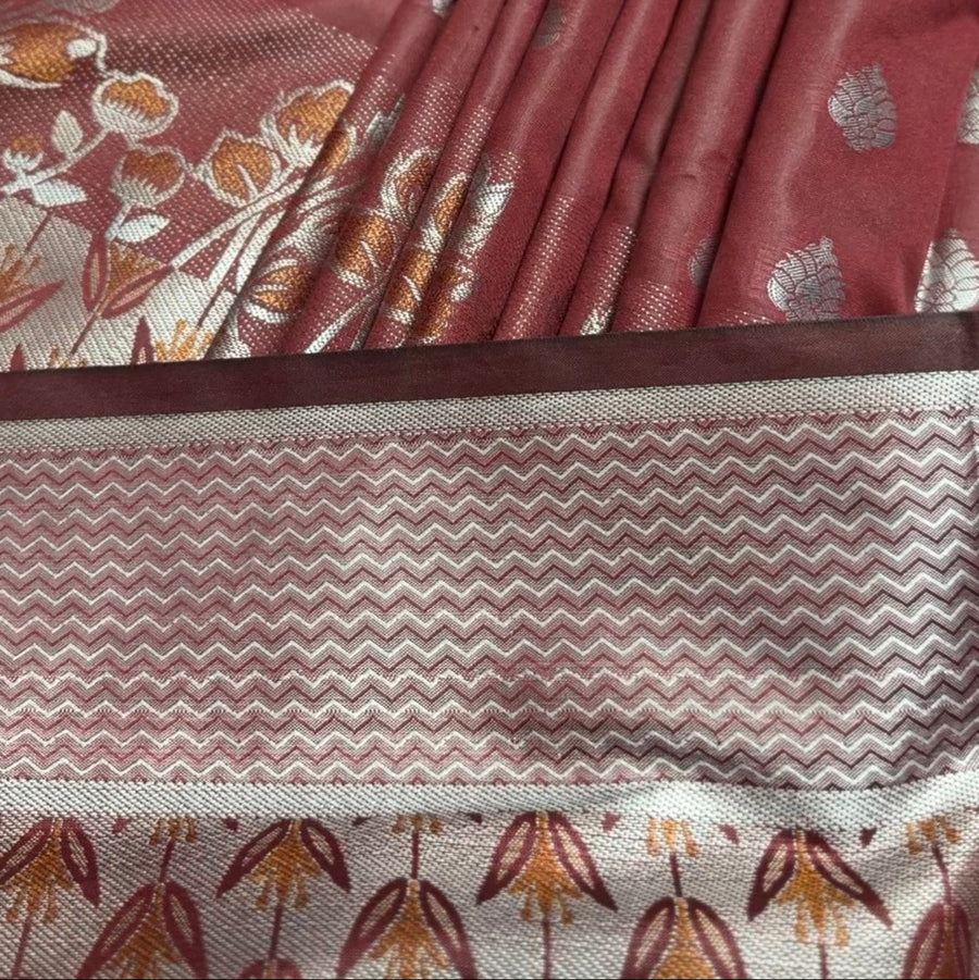 কাতান শাড়ি — খয়েরি ও সিলভার জরি পাড়