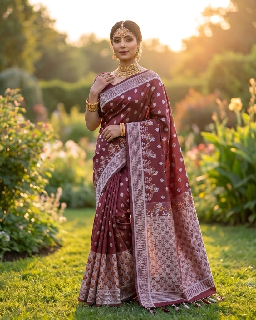 কাতান শাড়ি — খয়েরি ও সিলভার জরি পাড়