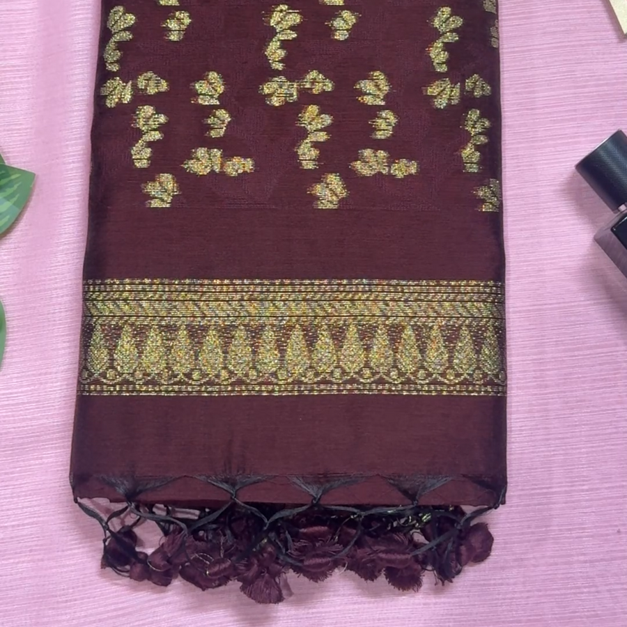 খয়েরি জামদানি শাড়ি — গোল্ডেন জরির কাজ(ব্লাউজ পিস আছে)