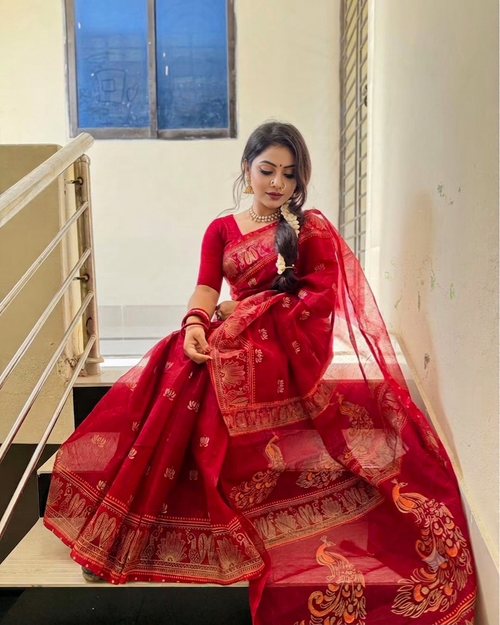 ময়ূর প্রিন্ট শাড়ি — অলওভার আফসান প্রিন্ট